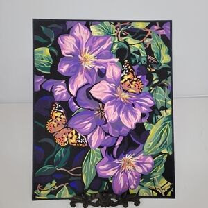 Clematis & Butterflies Finished Acrylic Paint By Number Painting 11×14 W/ Border
